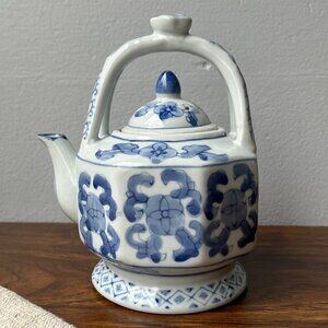 Small Chinese Teapot Blue & White Porcelain Hand Painted Marking Hieroglyphs